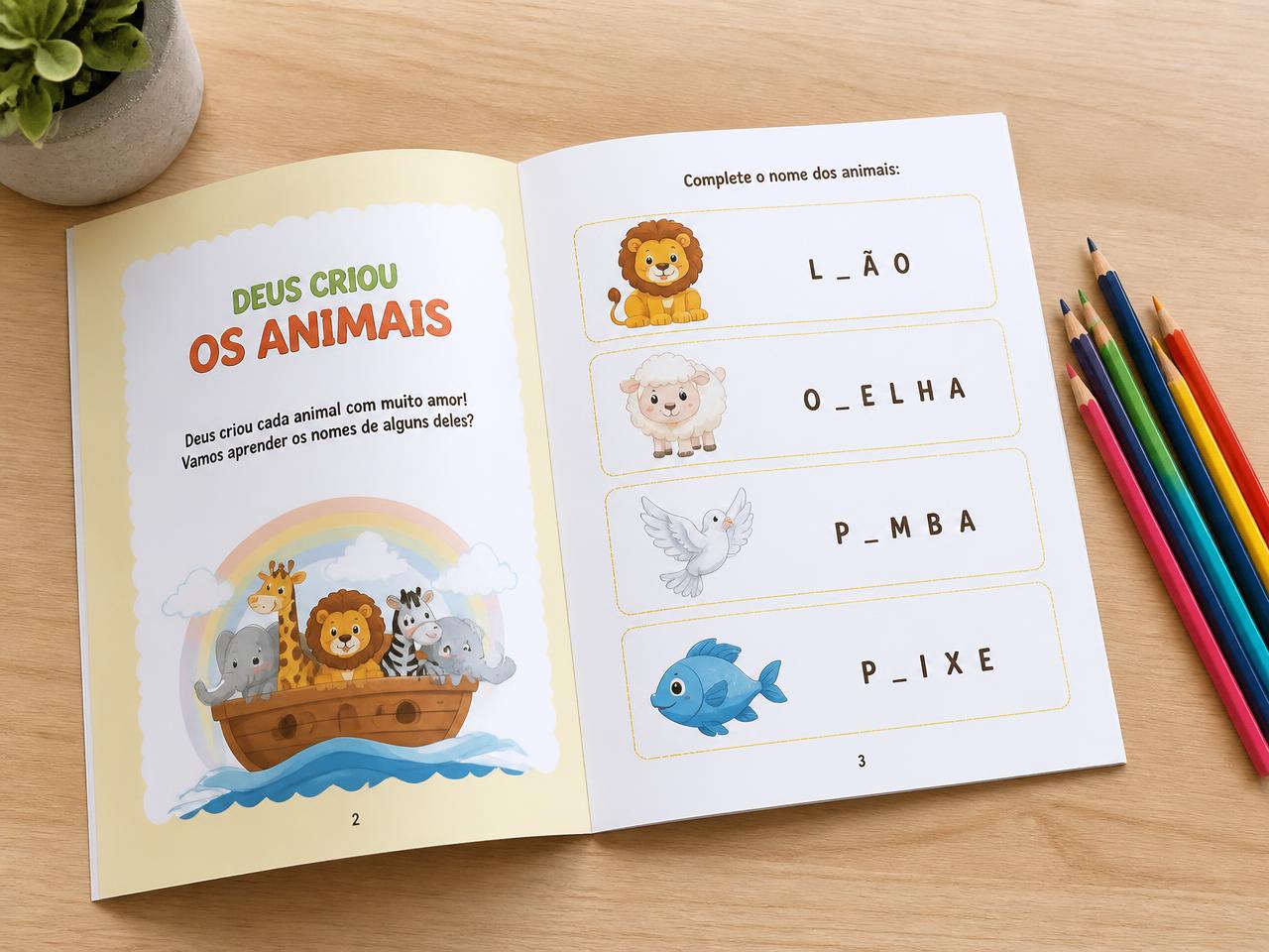 Material impresso aberto sobre a mesa com atividade de completar o nome dos animais e lápis de cor