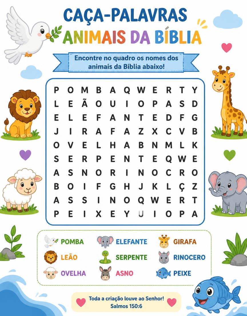 Página de atividade: caça-palavras com animais da Bíblia